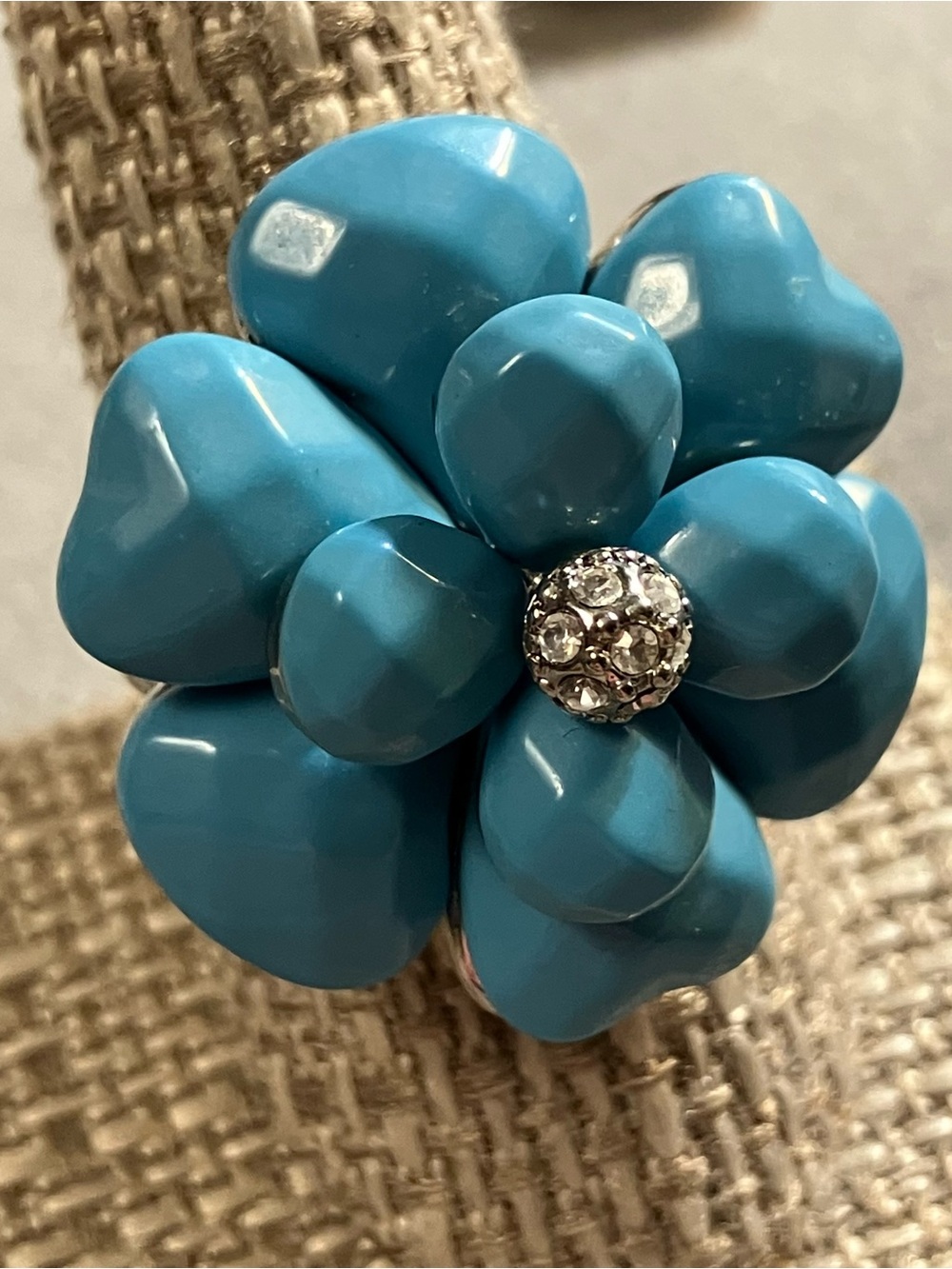Camille Lucie Chunky Turquoise Floral Statement Ring Rhinestone Center Size 9